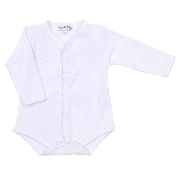 Mini Dots Front Snap Long Sleeve Bodysuit, Pink
