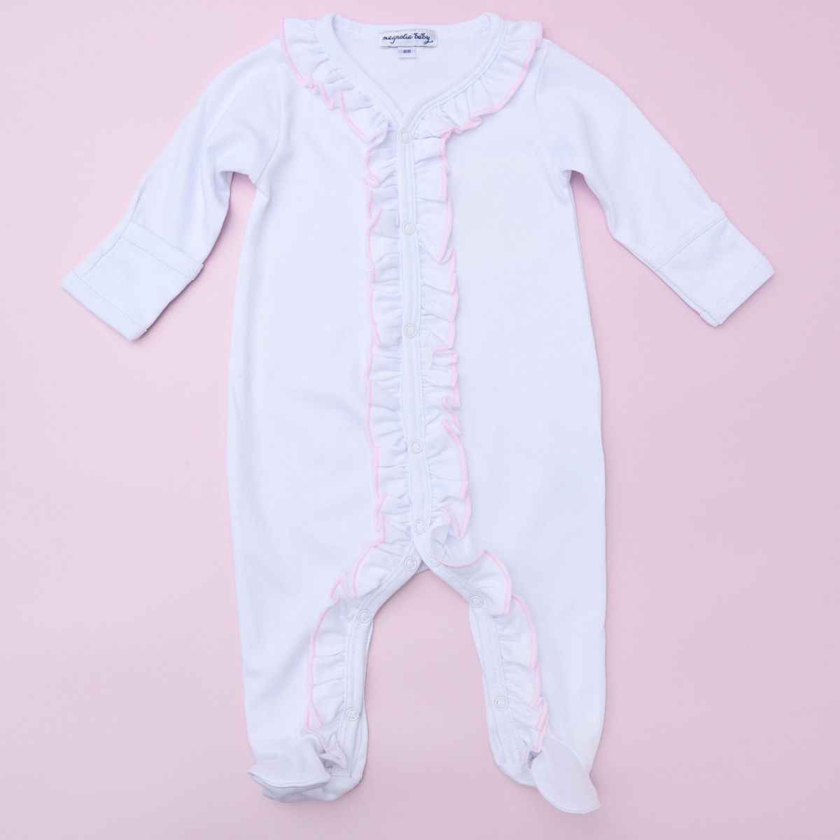 Essentials Ruffle Footie- White with Pink