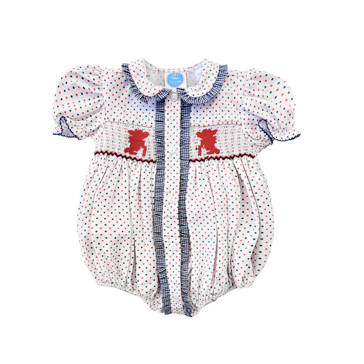 Ruby Smocked Bubble, Navy Red Bitty Dot