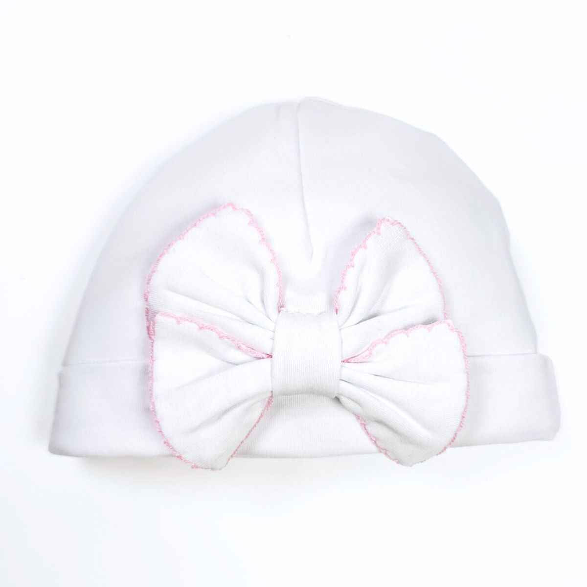 White Bow Hat with Pink Trim