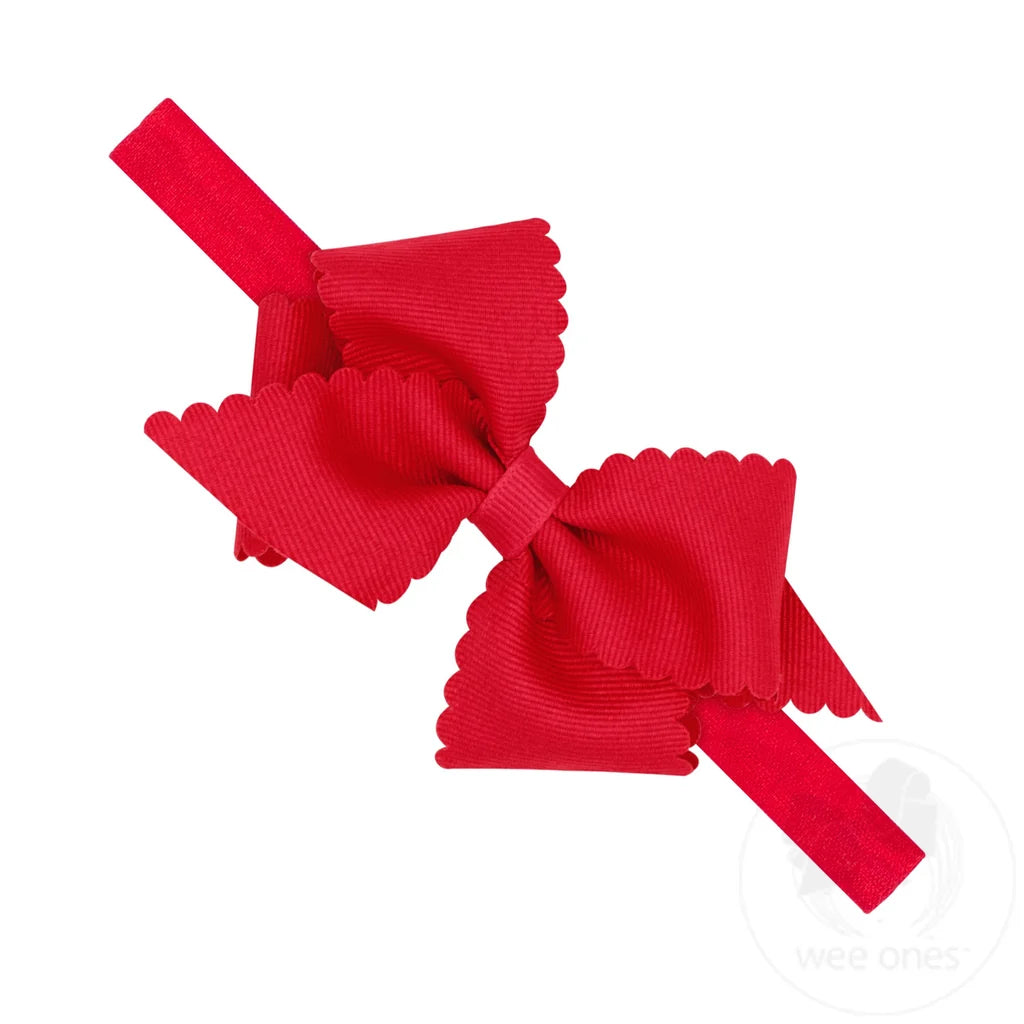 Extra Small Scalloped Edge Grosgrain Hair Bow on Matching Band, Red