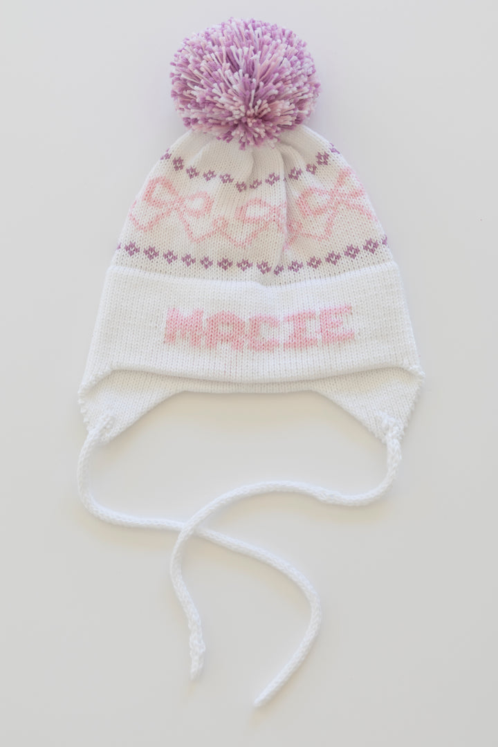 Bows Earflap Hat-white with light pink and lavender