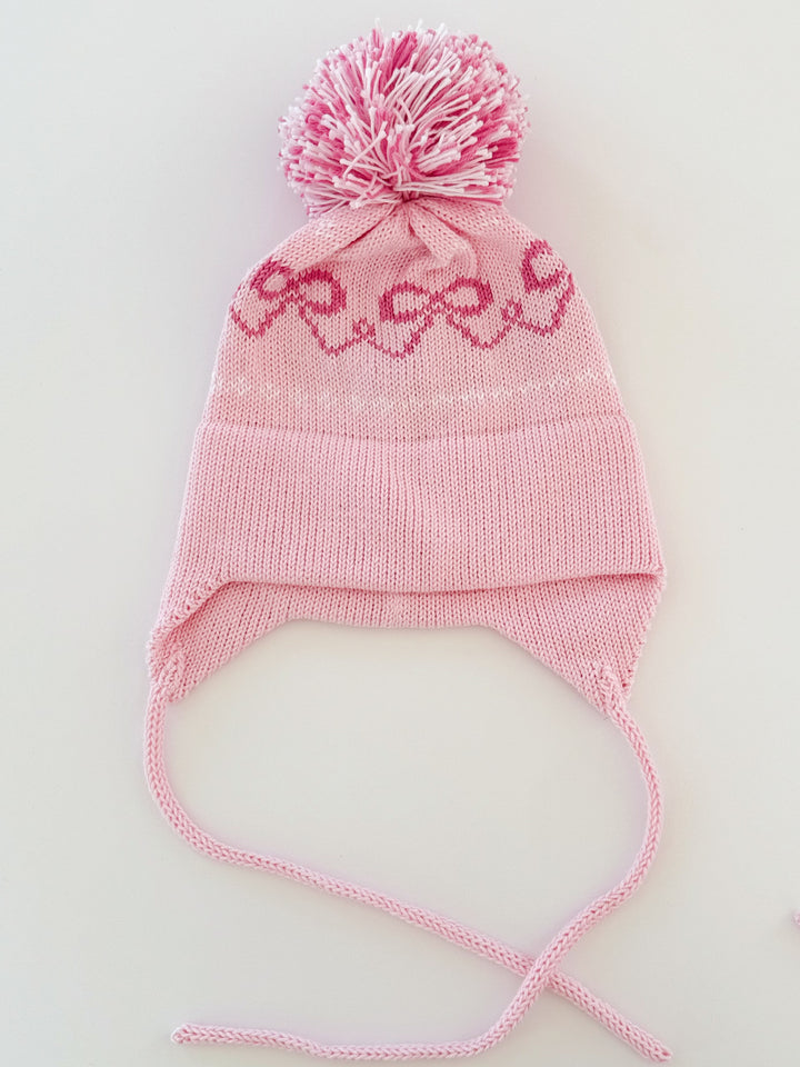 Bows Earflap Hat-light pink with bright pink and white
