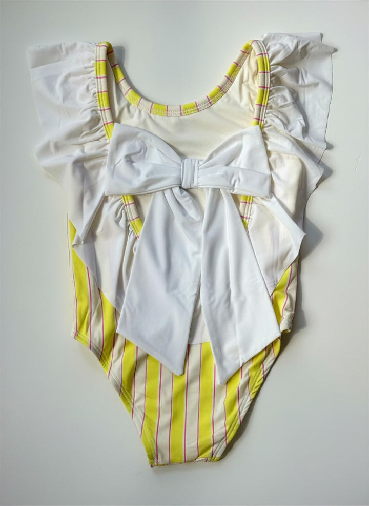 Girls Flutter Sleeve One Piece, Yellow Stripes