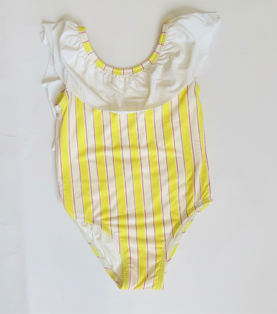 Girls Flutter Sleeve One Piece, Yellow Stripes