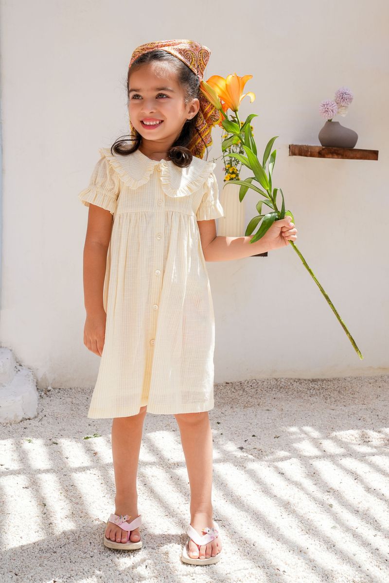 Yellow Stripe Puff Sleeve Dress