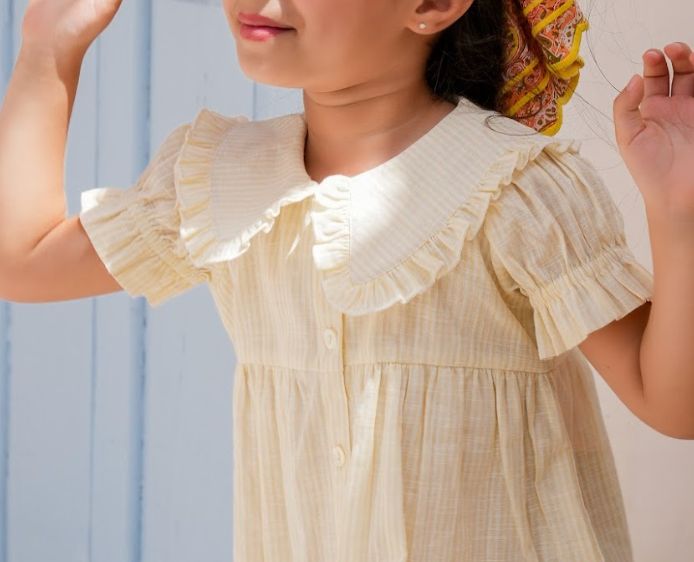 Yellow Stripe Puff Sleeve Dress with Bloomer