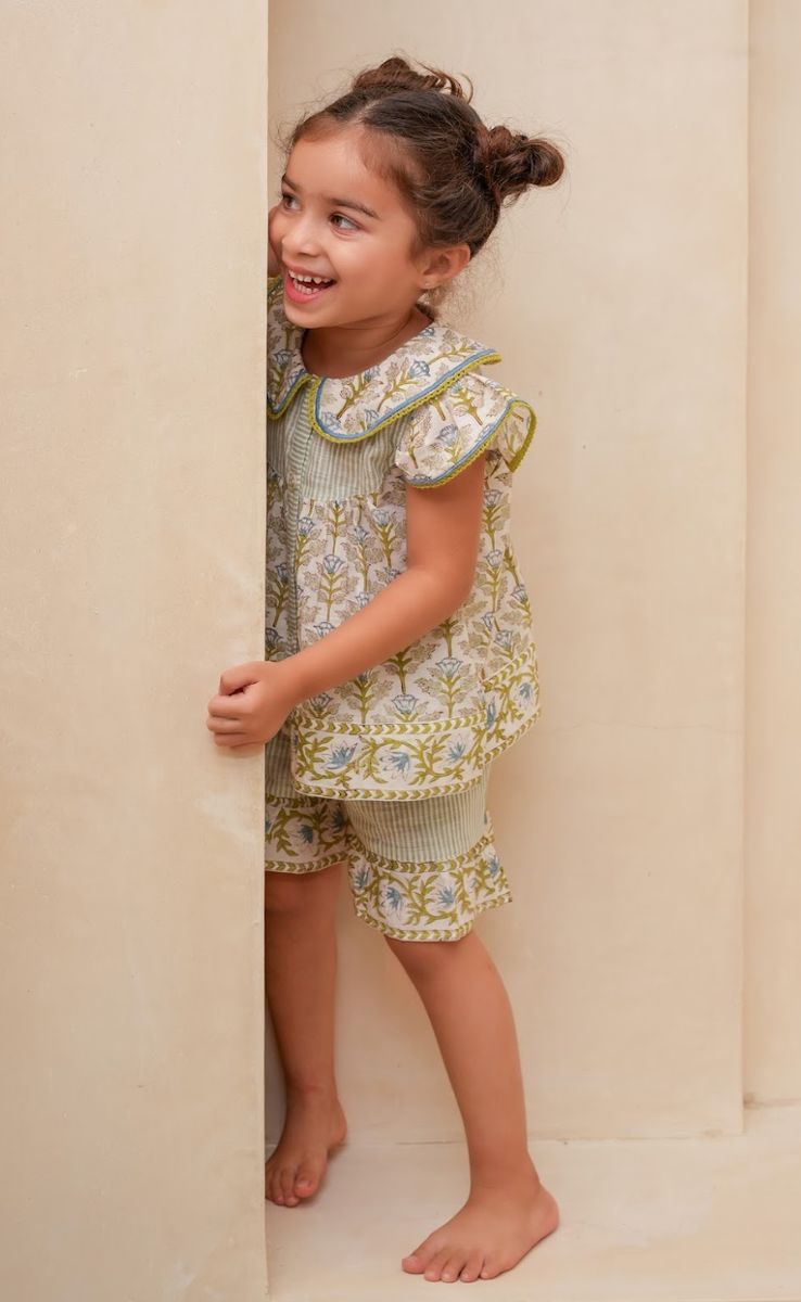 Blue & Green Floral Peter Pan Collar Shorts Set