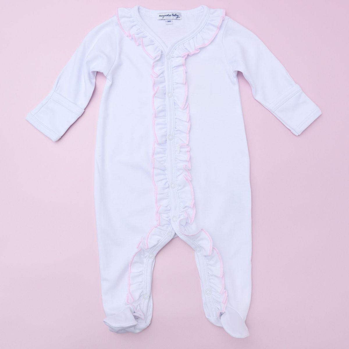Essentials Ruffle Footie- White with Pink