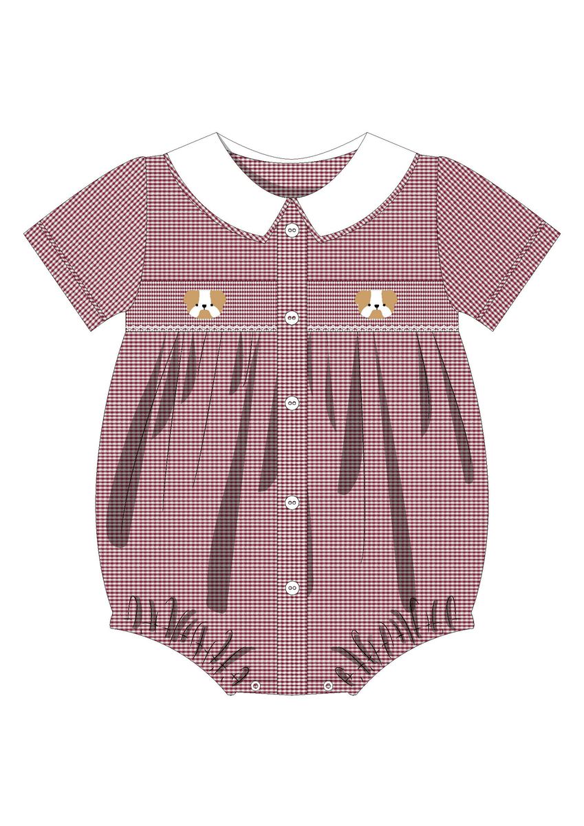 Miller Smocked Bubble, Maroon Gingham Bulldog