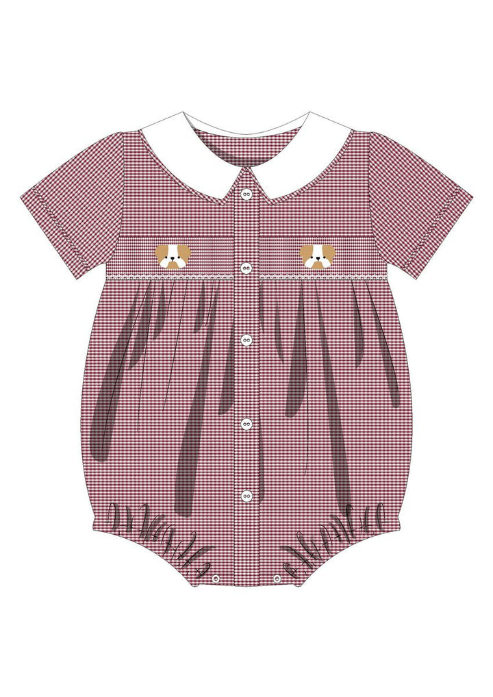 Miller Smocked Bubble, Maroon Gingham Bulldog