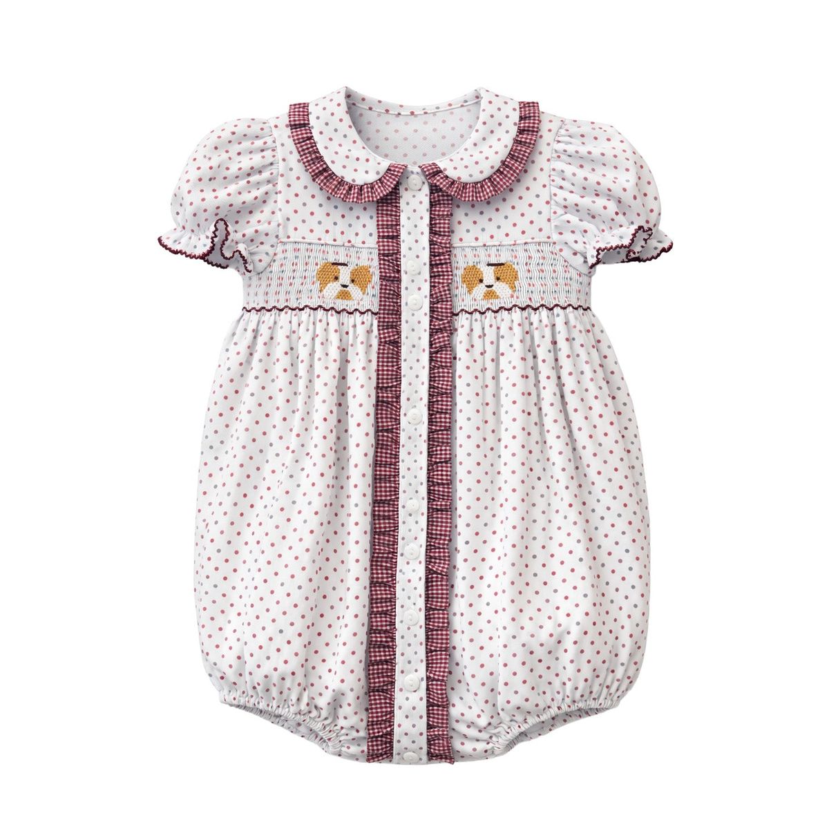 Ruby Smocked Bubble, Maroon Bitty Dot Bulldog