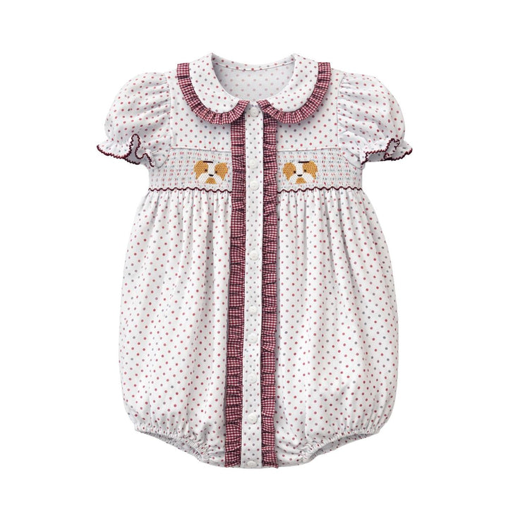 Ruby Smocked Bubble, Maroon Bitty Dot Bulldog