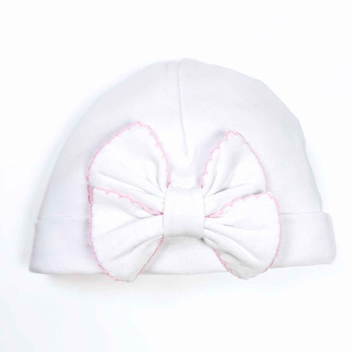 White Bow Hat with Pink Trim