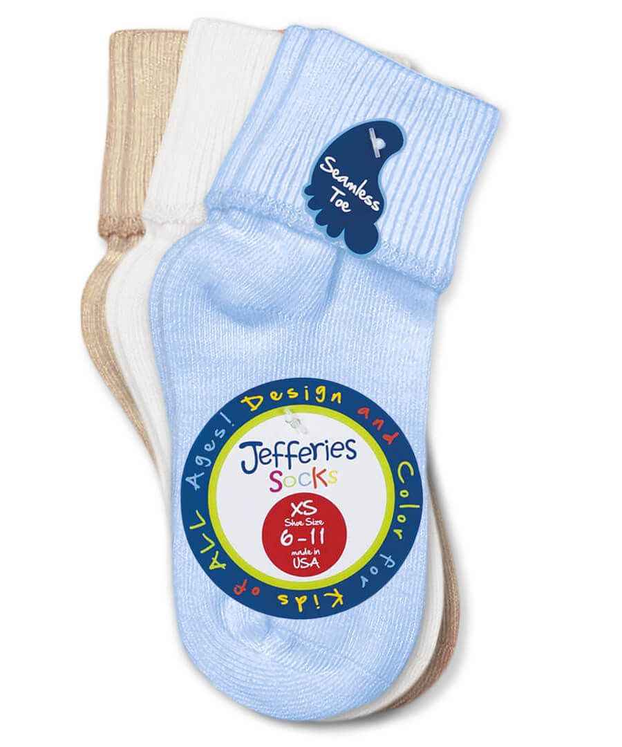 Jefferies Socks Smooth Toe Turn Cuff Socks, 3 pair Blue/White/Tan