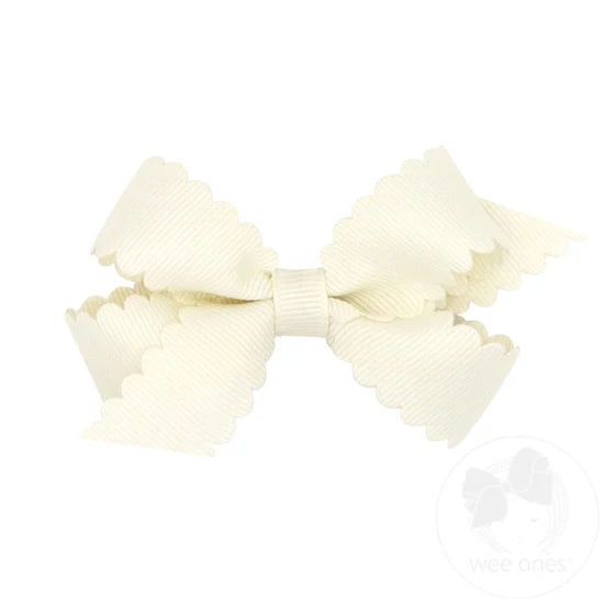 Mini Grosgrain Bow with Scalloped Edge, Antique White