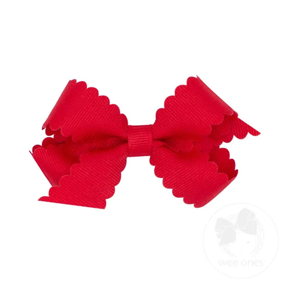 Mini Grosgrain Bow with Scalloped Edge, Red