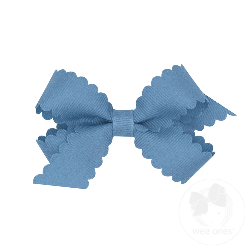 Mini Grosgrain Bow with Scalloped Edge, Smoke Blue