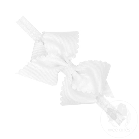 Extra Small Scalloped Edge Grosgrain Hair Bow on Matching Band, White