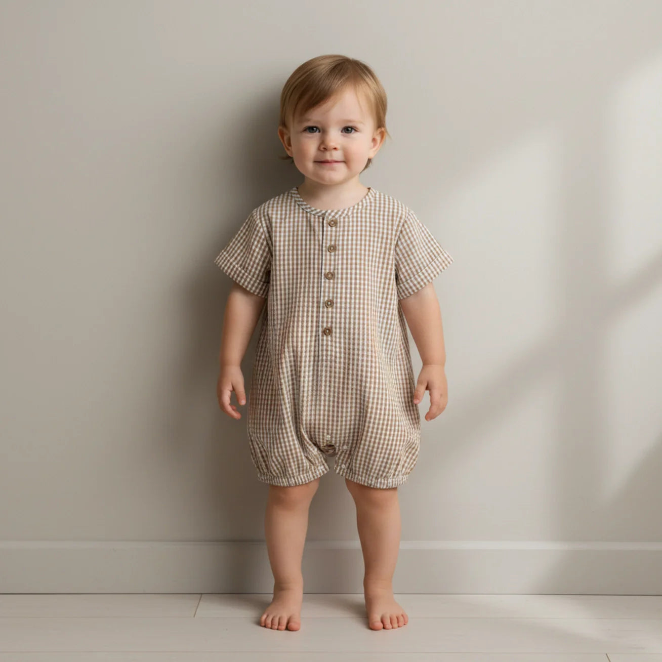 Short Bubble Romper- Caramel Check