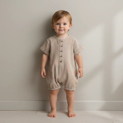 Short Bubble Romper- Caramel Check