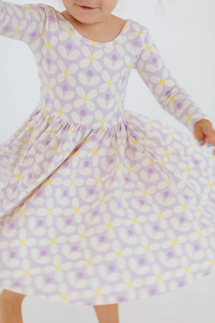3/4 Sleeve Twirl Dress in Pale Purple Petals