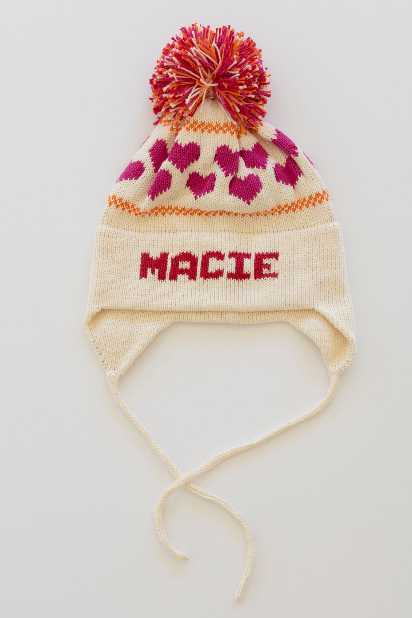 Heart Earflap Hat-natural with fuchsia, orange, and red