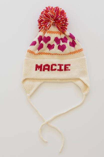 Heart Earflap Hat-natural with fuchsia, orange, and red