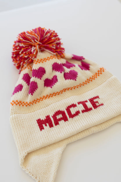 Heart Earflap Hat-natural with fuchsia, orange, and red