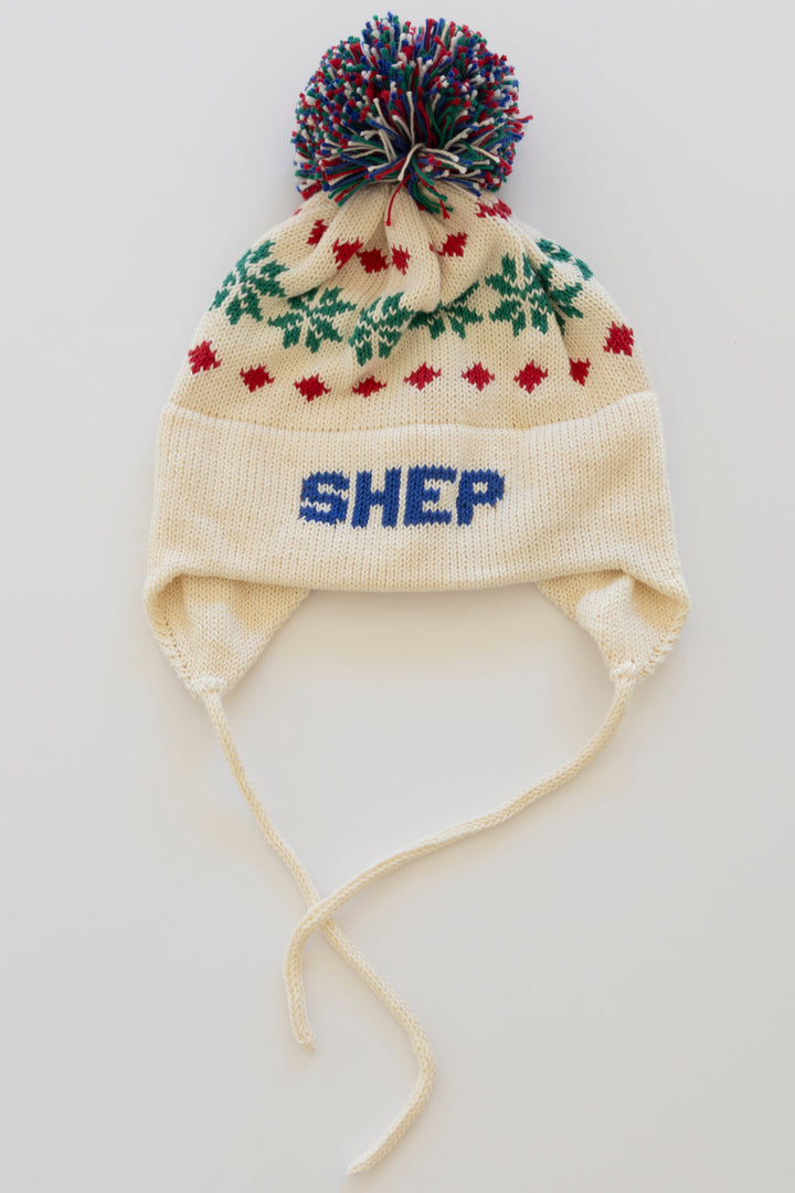 Nordic Earflap Hat-natural with royal, grass green, and red