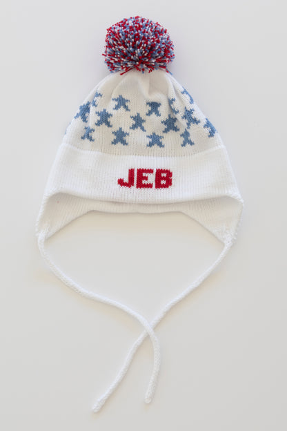 Stars Earflap Hat-white with red and denim
