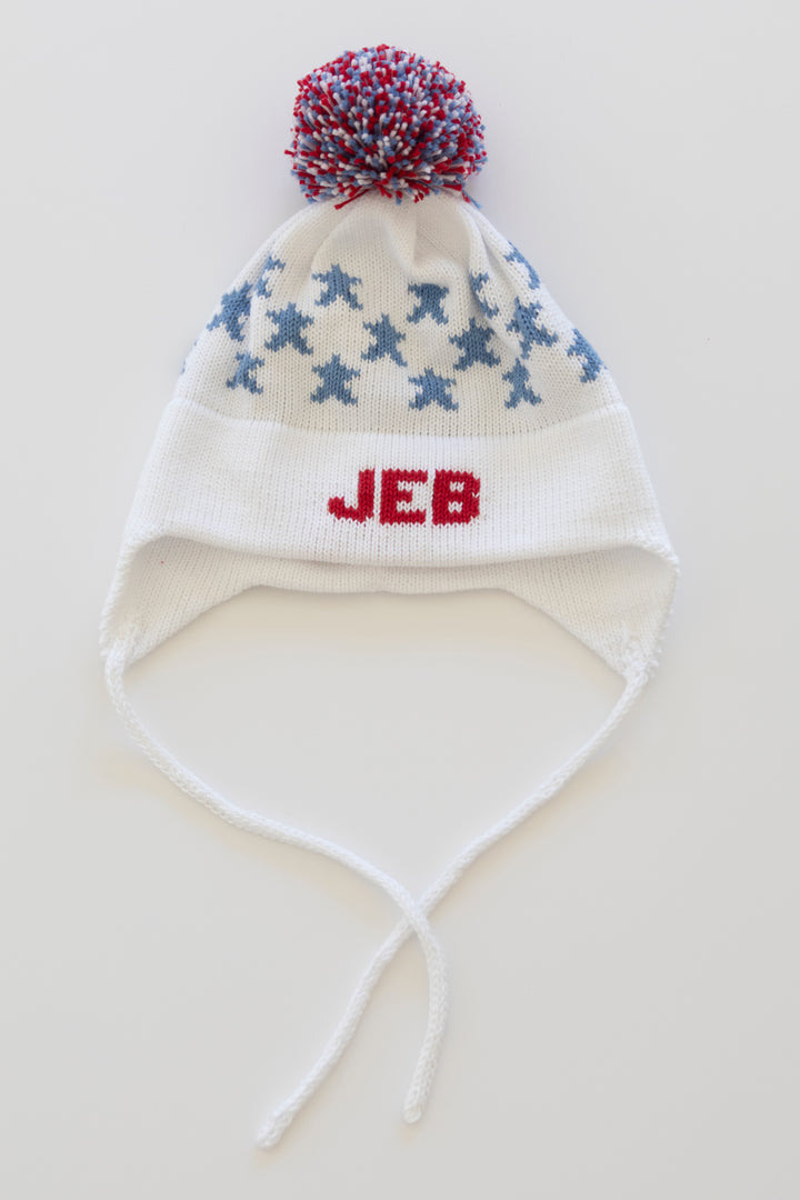 Stars Earflap Hat-white with red and denim