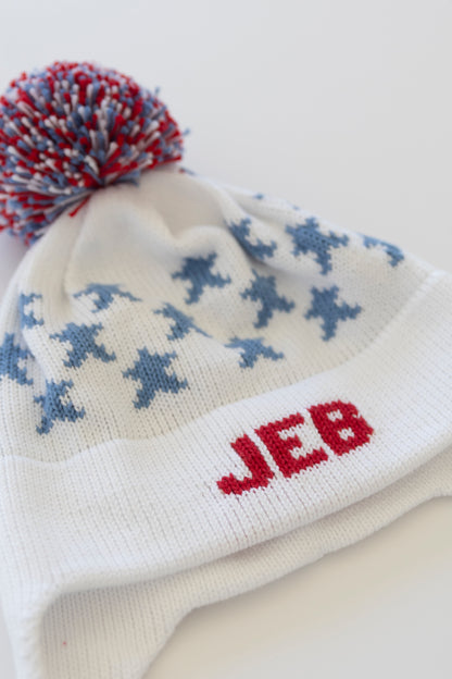 Stars Earflap Hat-white with red and denim