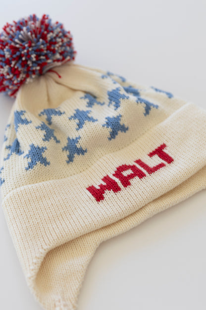 Stars Earflap Hat-natural with red and denim