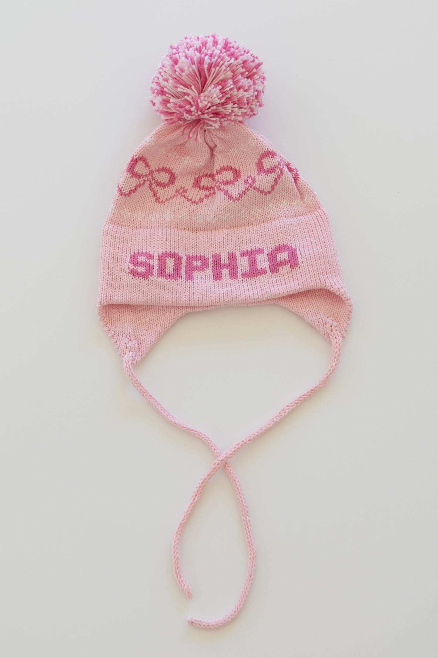 Bows Earflap Hat-light pink with bright pink and white
