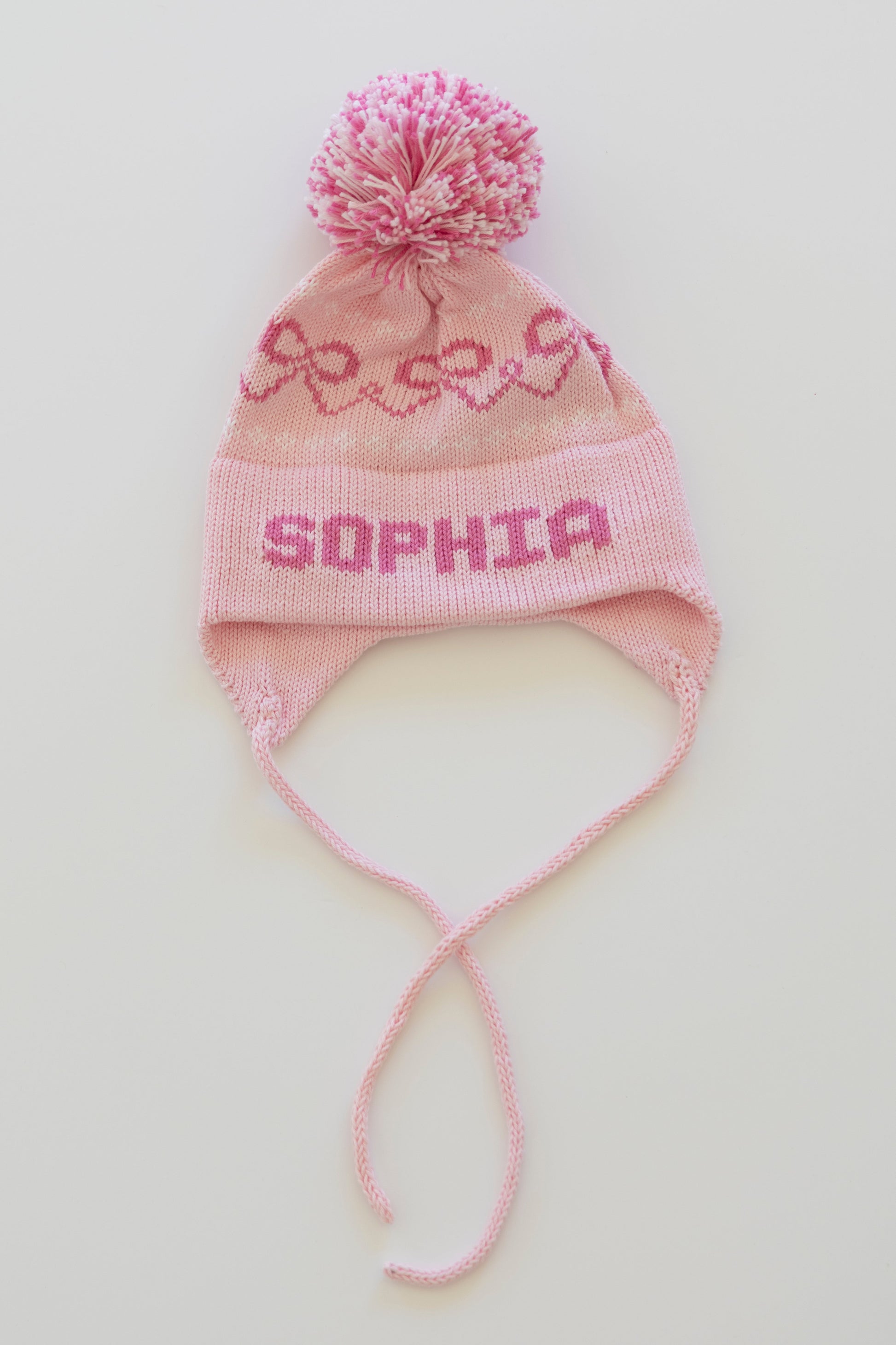 Bows Earflap Hat-light pink with bright pink and white