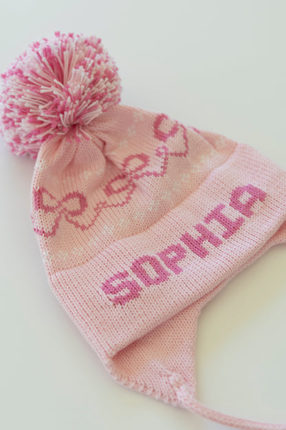 Bows Earflap Hat-light pink with bright pink and white