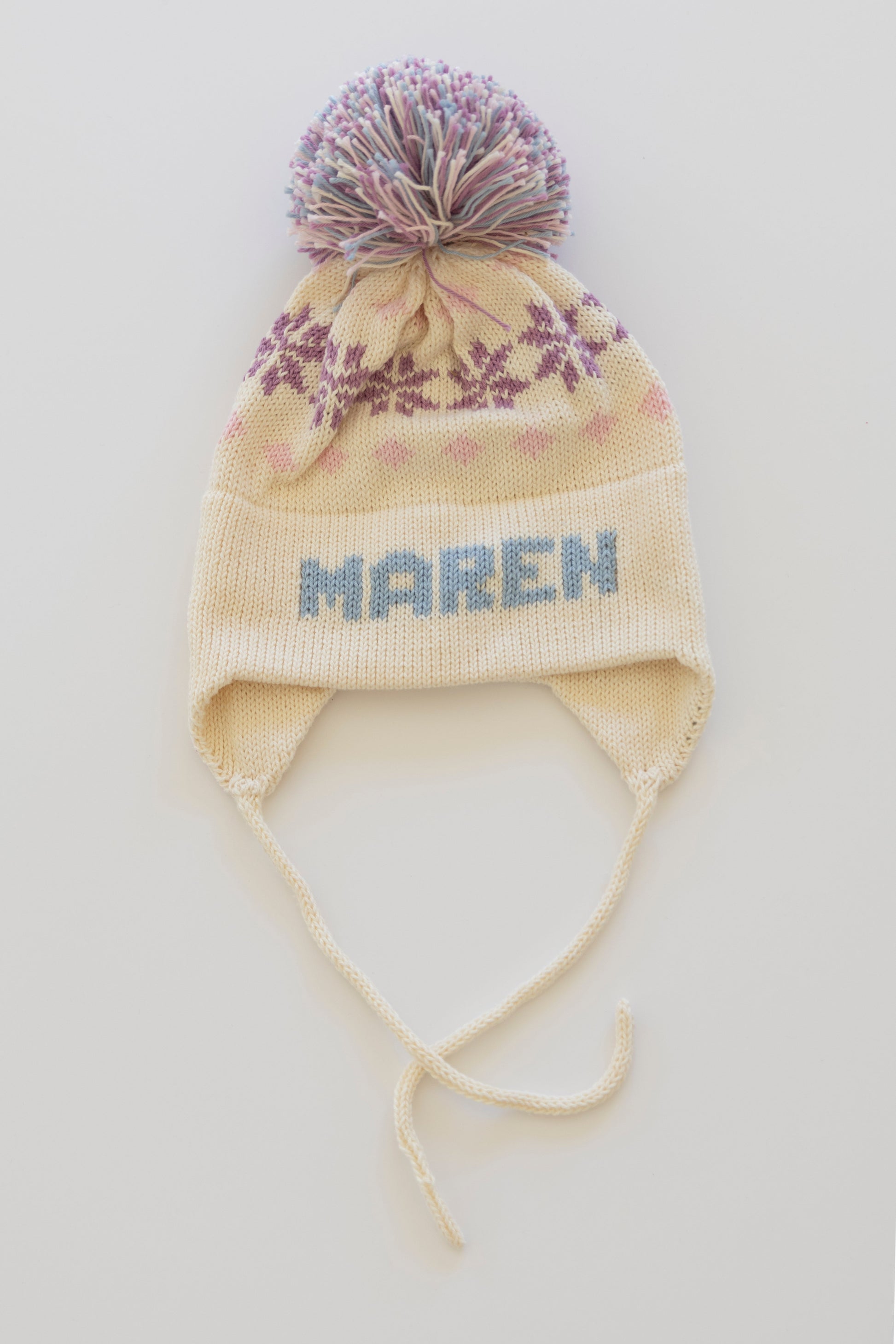 Nordic Earflap Hat-natural with light blue, light pink, and lavender