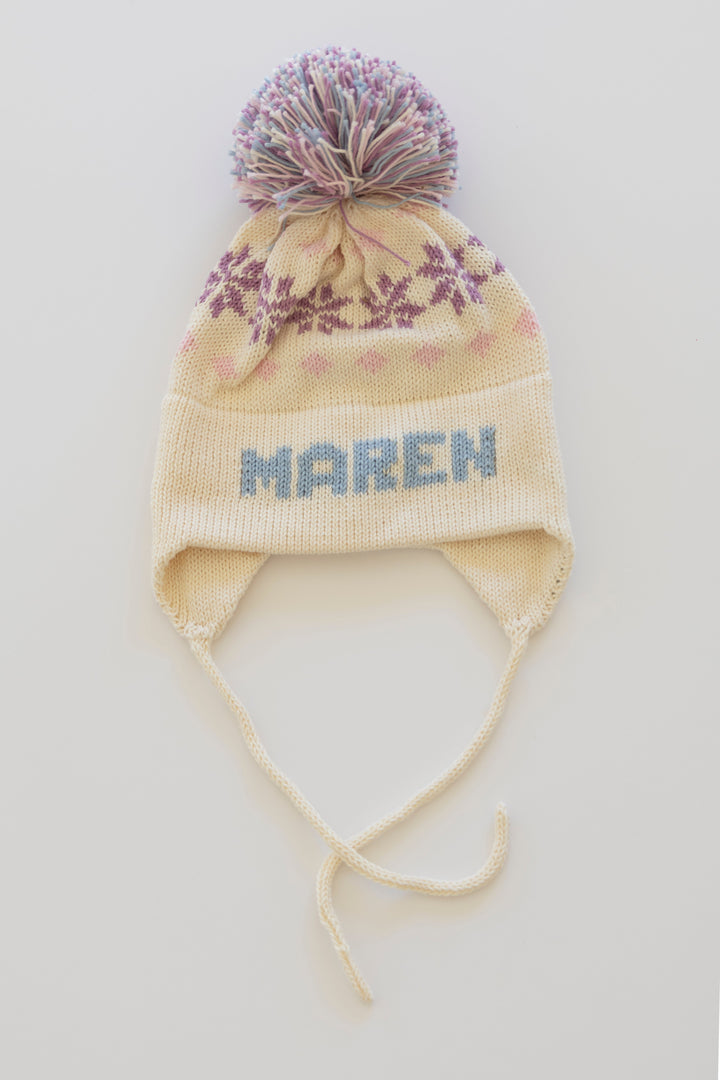 Nordic Earflap Hat-natural with light blue, light pink, and lavender