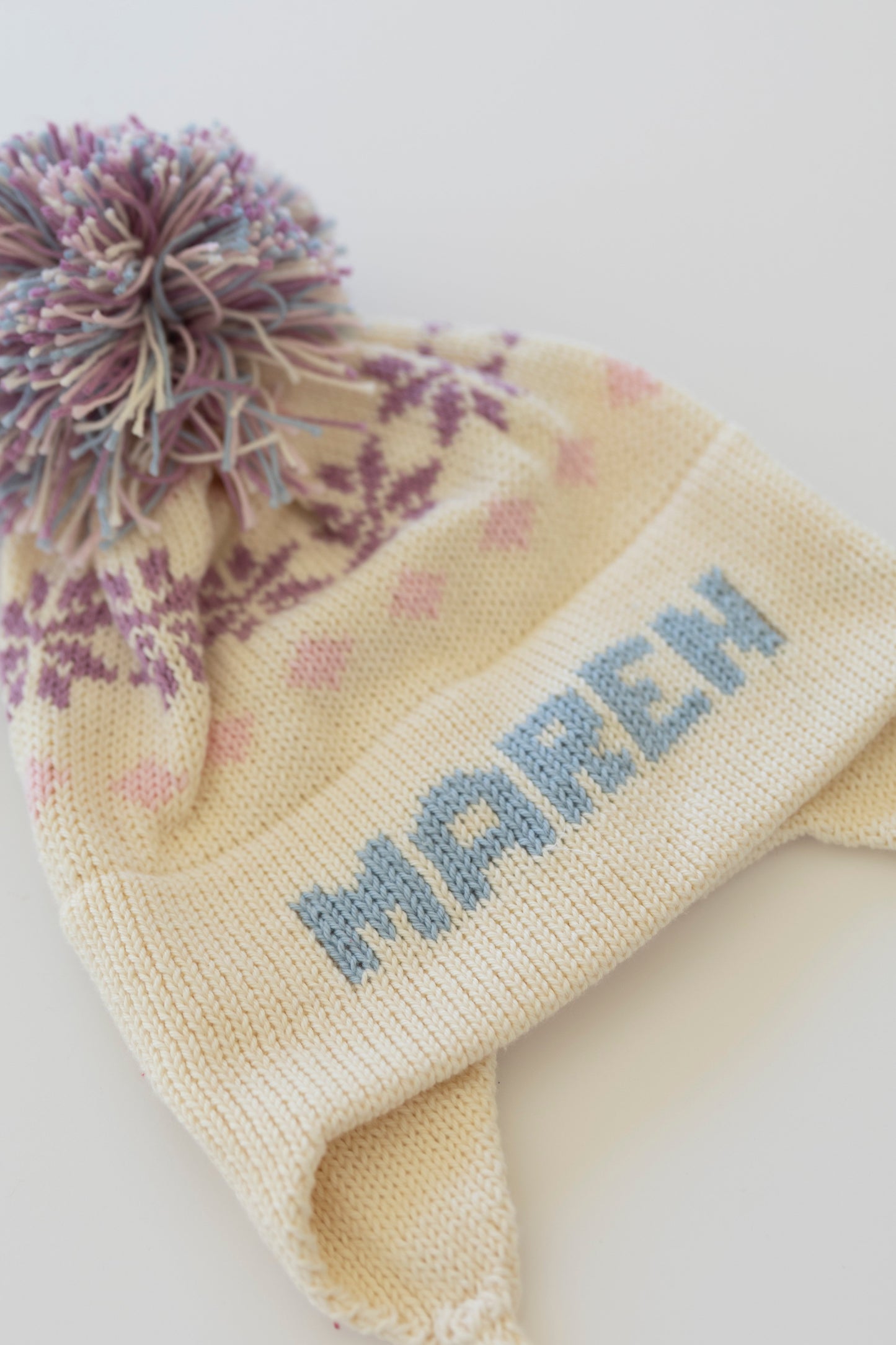 Nordic Earflap Hat-natural with light blue, light pink, and lavender