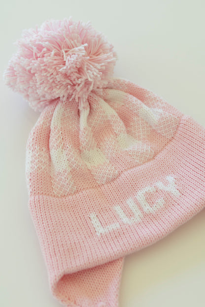 Plaid Earflap Hat-light pink with white