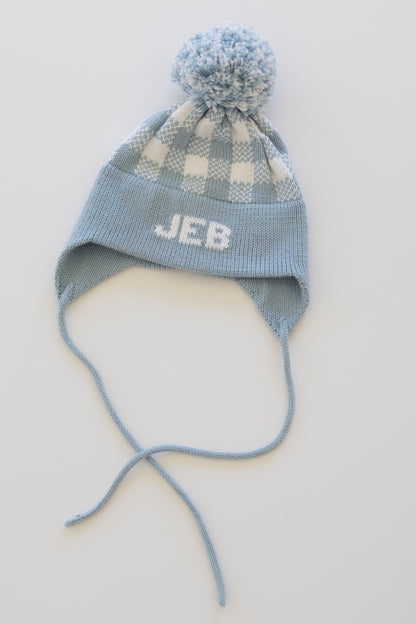 Plaid Earflap Hat-light blue with white