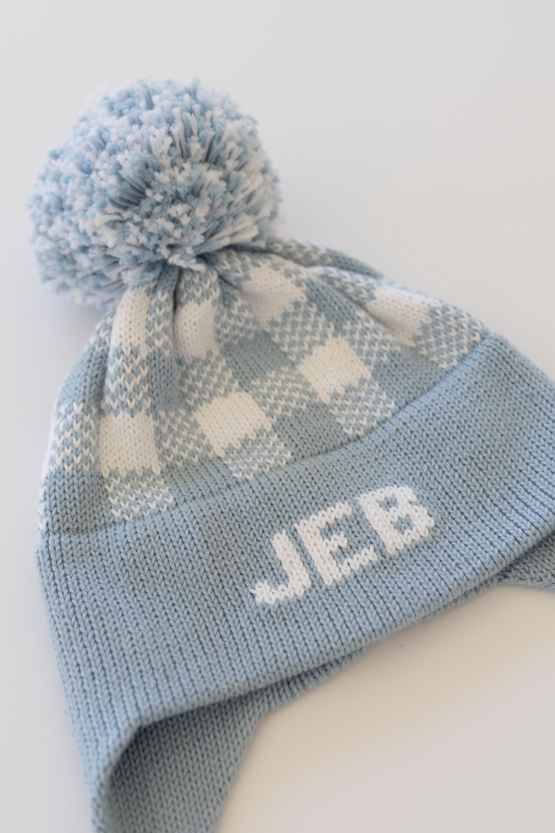 Plaid Earflap Hat-light blue with white