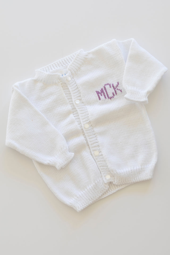 Custom Monogram Cardigan- white with lavender