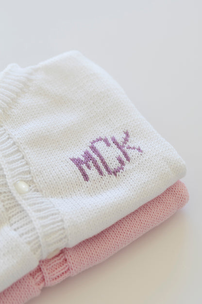 Custom Monogram Cardigan- white with lavender