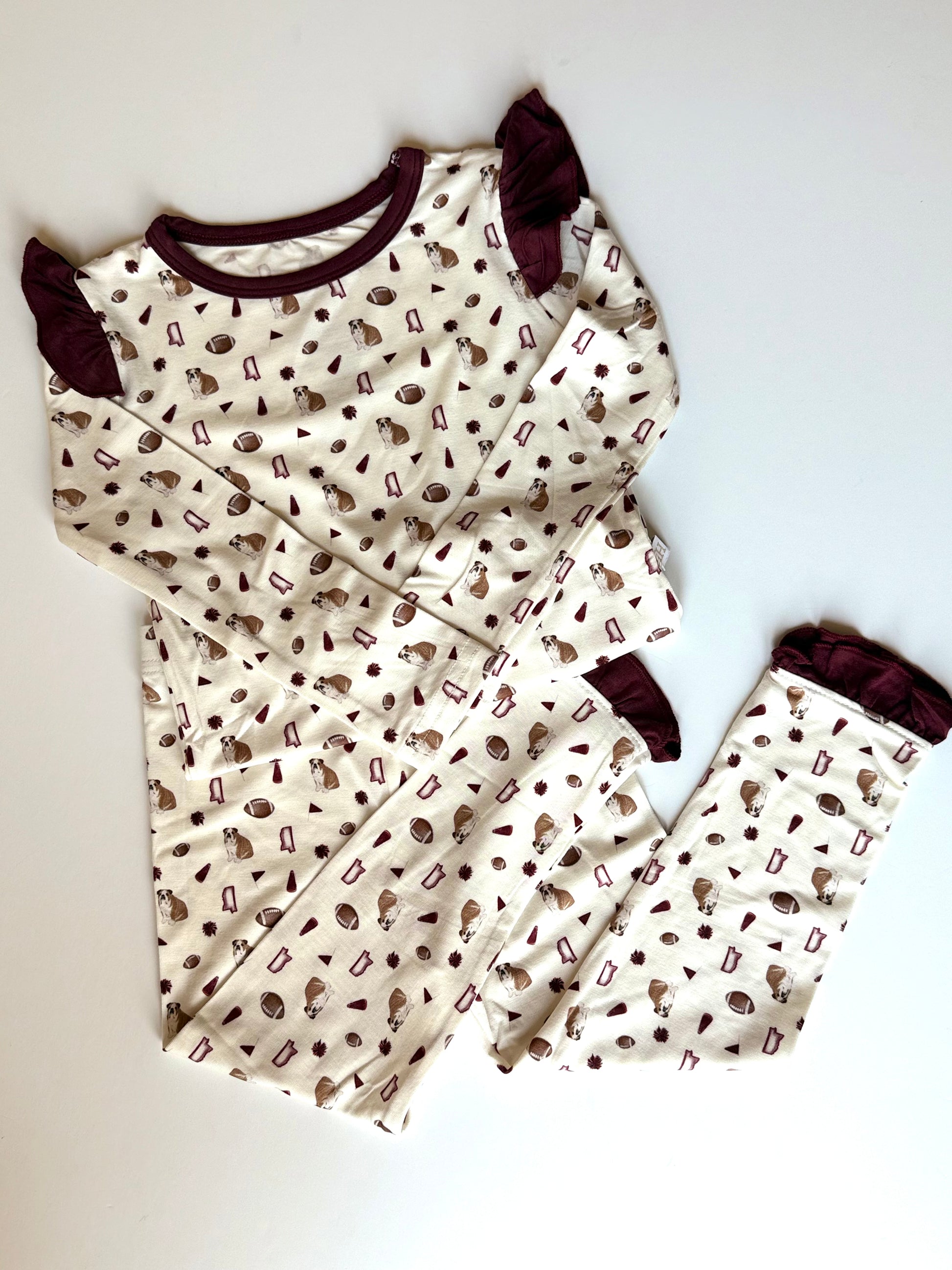 Girls Ruffle Maroon Bulldog Loungewear Set