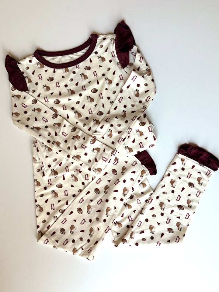 Girls Ruffle Maroon Bulldog Loungewear Set