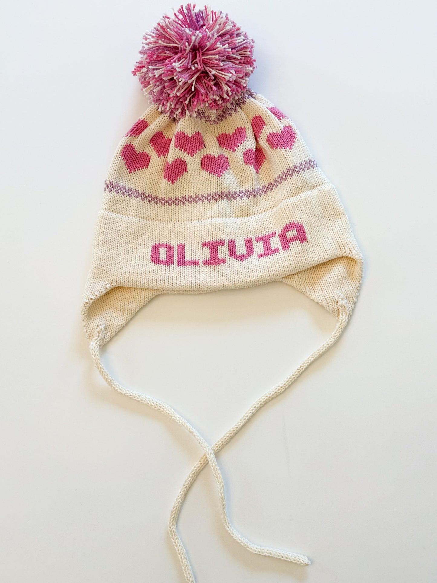 Heart Earflap Hat-natural with bright pink and lavender