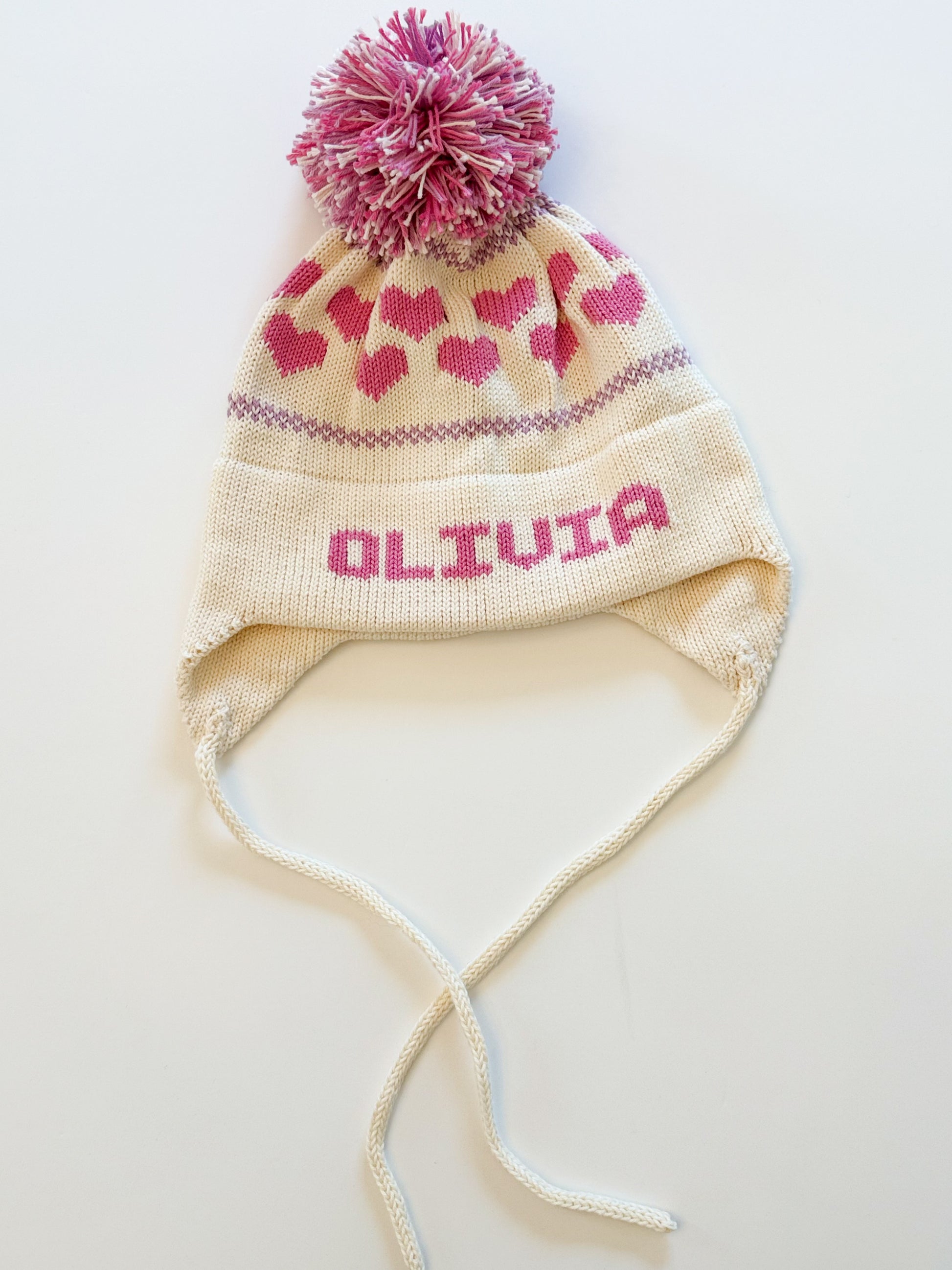 Heart Earflap Hat-natural with bright pink and lavender