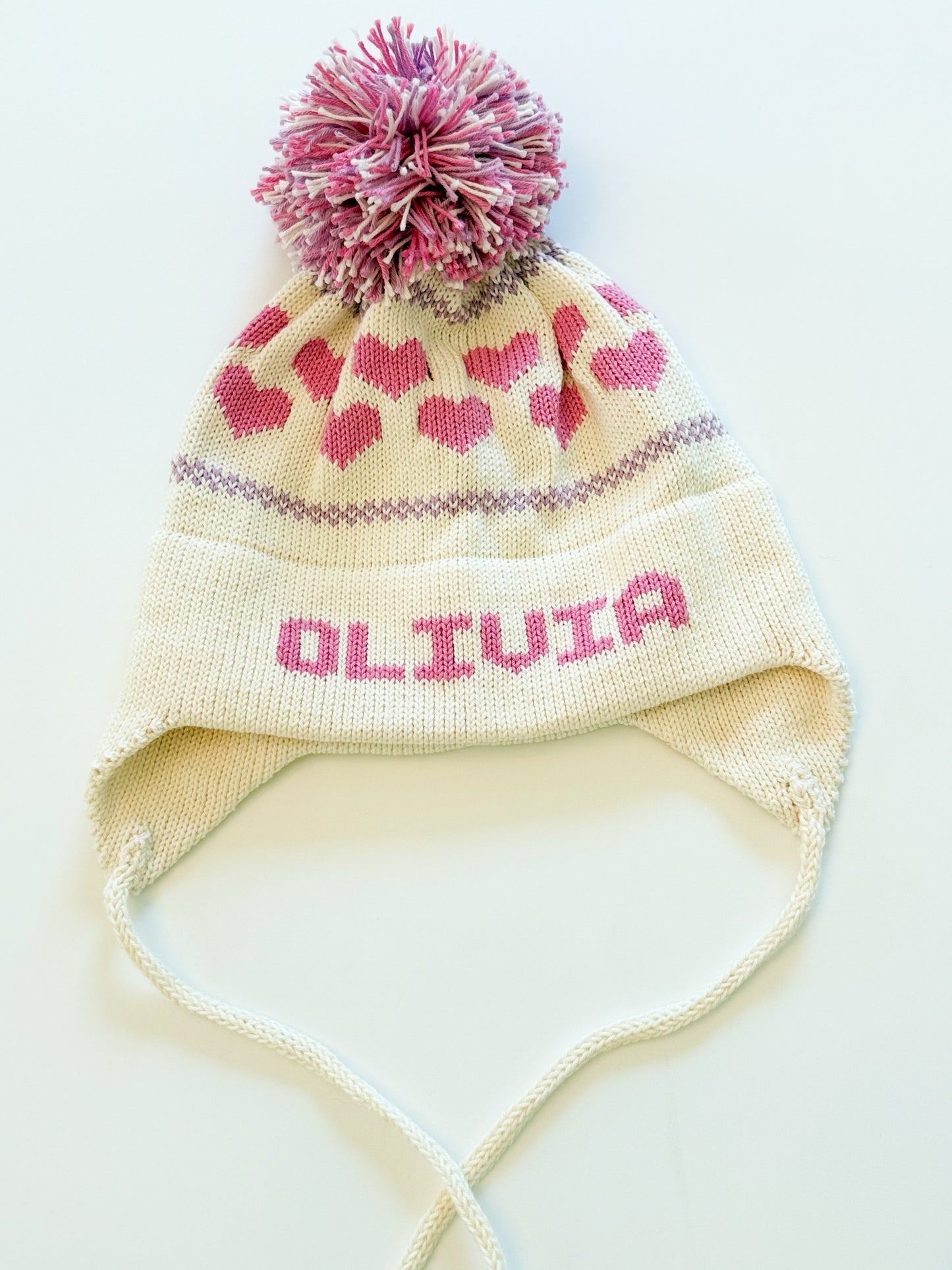 Heart Earflap Hat-natural with bright pink and lavender